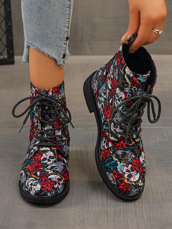 Skull Printed Outdoor Sports Halloween Asymmetrical Distressed Textured Short Boots & Ankle Boots, Mid-Calf, Flat, Thermal Lined, Warm, Retro Casual Fashion Boots For Middle-Aged & Elderly, New, Outdoor, Party, Office, Lightweight, Elegant, Minimalist, Comfortable, Casual, Party, Daily, Travel, Wedding, Camping, Pride, Autumn/Winter Essential, Nightclub, Gift, Sexy, Outdoor, Retro Design, Lace-Up, Round Toe, Classic Boots For Women