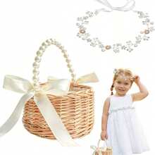 1pc Willow Flower White Bow Pearl Flower Girl Basket, Simple And Beautiful, Suitable For Baby Shower, Baby Birthdays, Gender Disclosure Celebrations, And Festival Celebrations