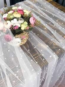 1 Stück weißer Perlen-Tüll-Tischläufer, Polyesterstoff, für Hochzeitsfeier, Bridal-Shower, Dessert-Tisch-Dekoration, Hintergrundvorhänge, Stuhlschleifen-Dekoration