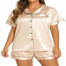 Women's Silk Pajamas Set, Satin 2-Piece, Short Sleeve, Sleep & Lounge, S-XXL Petite Plus Size Medium Champagne - 預設 - 查看 4