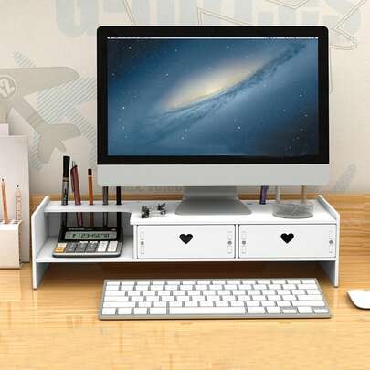 2-Heart Drawer Desktop Monitor Stand, Office Space Organizer, Adjustable Computer Screen Riser, Desk Storage Box, Elevated Display Stand Designed For Ergonomic Comfort, Multi-Functional Desk Organizer With Built-In Drawer And Compartments, Ideal For Home Office And Small Spaces, Elevates Monitor Or Laptop Screen For Improved Posture, Cable Management, Clutter- Desktop, Compatible With Most Monitors And Keyboards, Stylish Modern Design For Productivity And Aesthetic Appeal