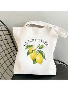 1/2pcs Large Canvas Tote Bag-Lemon Design Light Shopping Bag Cosmetic Bag Shoulder Bag, Ladies, Farmers Market, Picnic, Lemon Lovers Gift, Summer Style Handle, Beach Shopping Essential Foldable, Large Capacity, Light Weight, Stylish Personalized Tote Bag, Shoulder Bag, Casual Shopping Bag Store Back To School