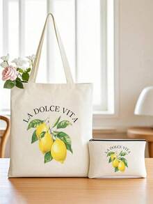 1/2pcs Large Canvas Tote Bag-Lemon Design Light Shopping Bag Cosmetic Bag Shoulder Bag, Ladies, Farmers Market, Picnic, Lemon Lovers Gift, Summer Style Handle, Beach Shopping Essential Foldable, Large Capacity, Light Weight, Stylish Personalized Tote Bag, Shoulder Bag, Casual Shopping Bag Store Back To School