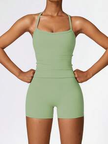 2 PCS Set Women's Sports Suit Vest Fitness Suit Tight Running Vest And Shorts Set High Stretch Fitness Yoga Top Tank Home Casual Comfortable Skin Friendly Suit - màu xanh lá - Xem 1