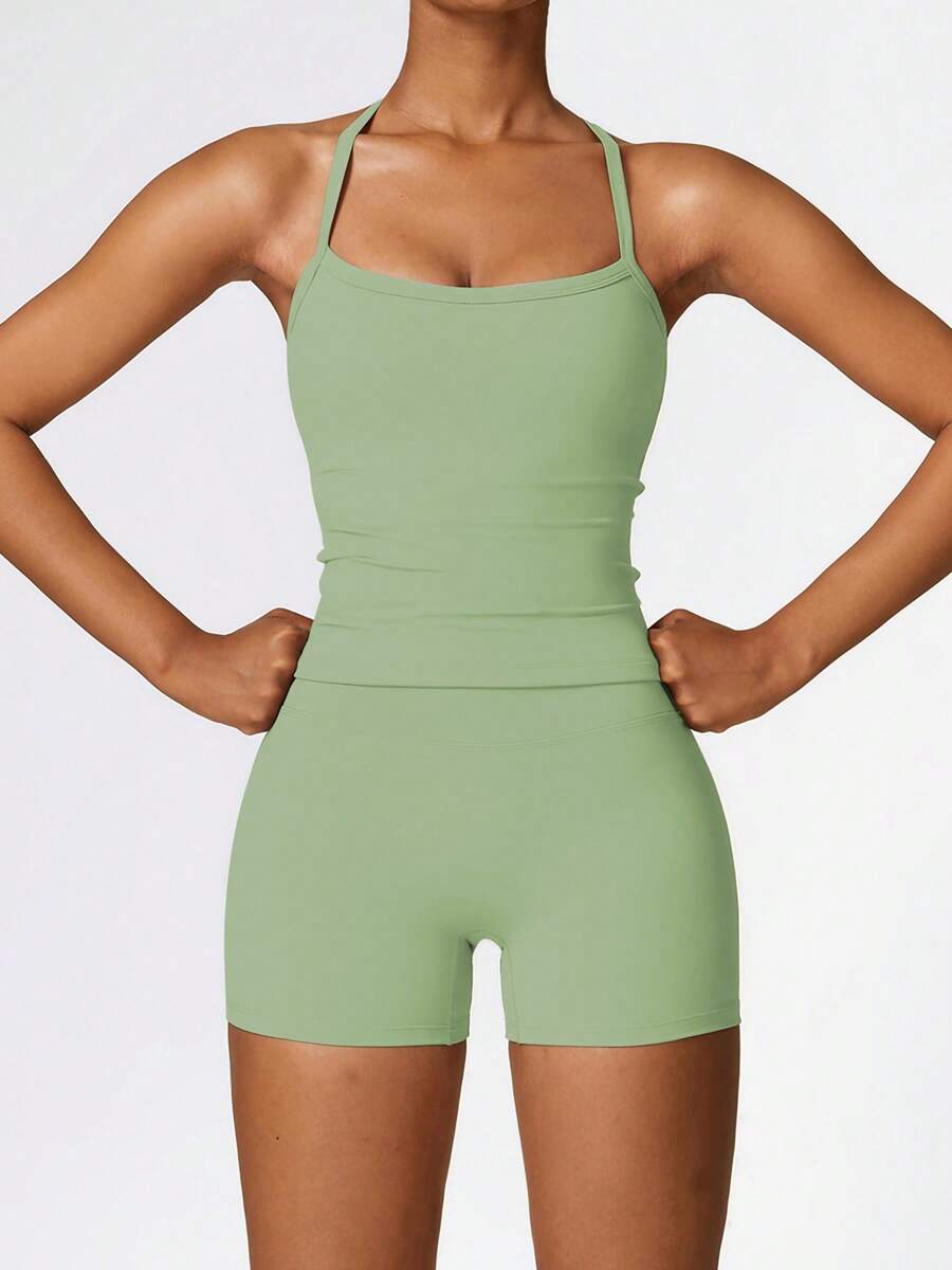 2 PCS Set Women's Sports Suit Vest Fitness Suit Tight Running Vest And Shorts Set High Stretch Fitness Yoga Top Tank Home Casual Comfortable Skin Friendly Suit - màu xanh lá - Xem 1