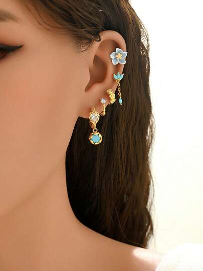 1 Set Of 5pcs Elegant Zirconia Stud Earrings, Suitable For Daily, Party, Holiday, Date Or Wedding