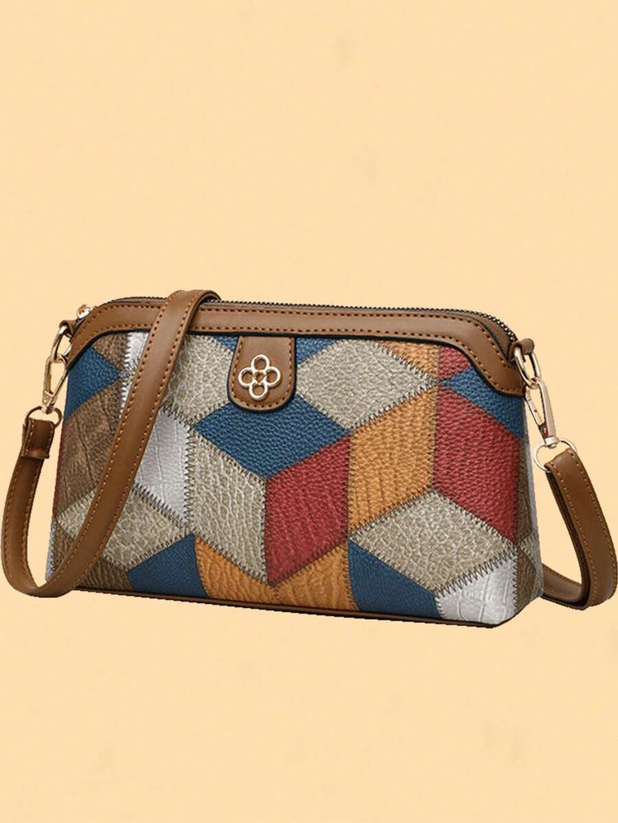 Color-Block Diamond Checkered Pattern Decorated, Retro Style, Fashionable Crossbody Bag, Suitable For Daily Use By Ladies. - Multicolor - View 1