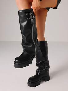 Fold Over Knee High Boots For Women Platform Round Toe Chunky Heel Boots With Side Zip Fashion Buckle Pull On Tall Boots - 黑色 - 查看 10