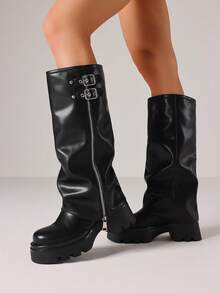Fold Over Knee High Boots For Women Platform Round Toe Chunky Heel Boots With Side Zip Fashion Buckle Pull On Tall Boots - 黑色 - 查看 8