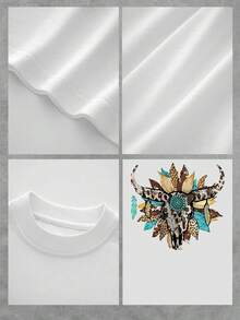 Camiseta de corte relajado para mujer con gráfico de calavera de toro del suroeste, elegante camiseta de inspiración bohemia para uso informal, tela suave y cómoda con colores vibrantes. - Blanco - Ver 4