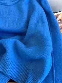 男士宽松圆领插肩袖针织毛衣，休闲秋冬 - 藍色 - 查看 5