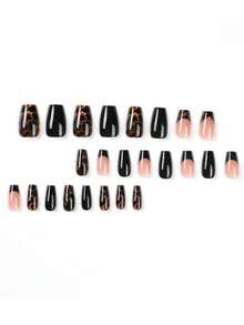 24pcs Fall Nails Medium Coffin Shape Acrylic Press On Nails With Brown Leopard Print And Black French Tip Design False Nails Simple And Elegant Style Fake Nails Perfect For Women And Girls Daily Use Nail Supplies