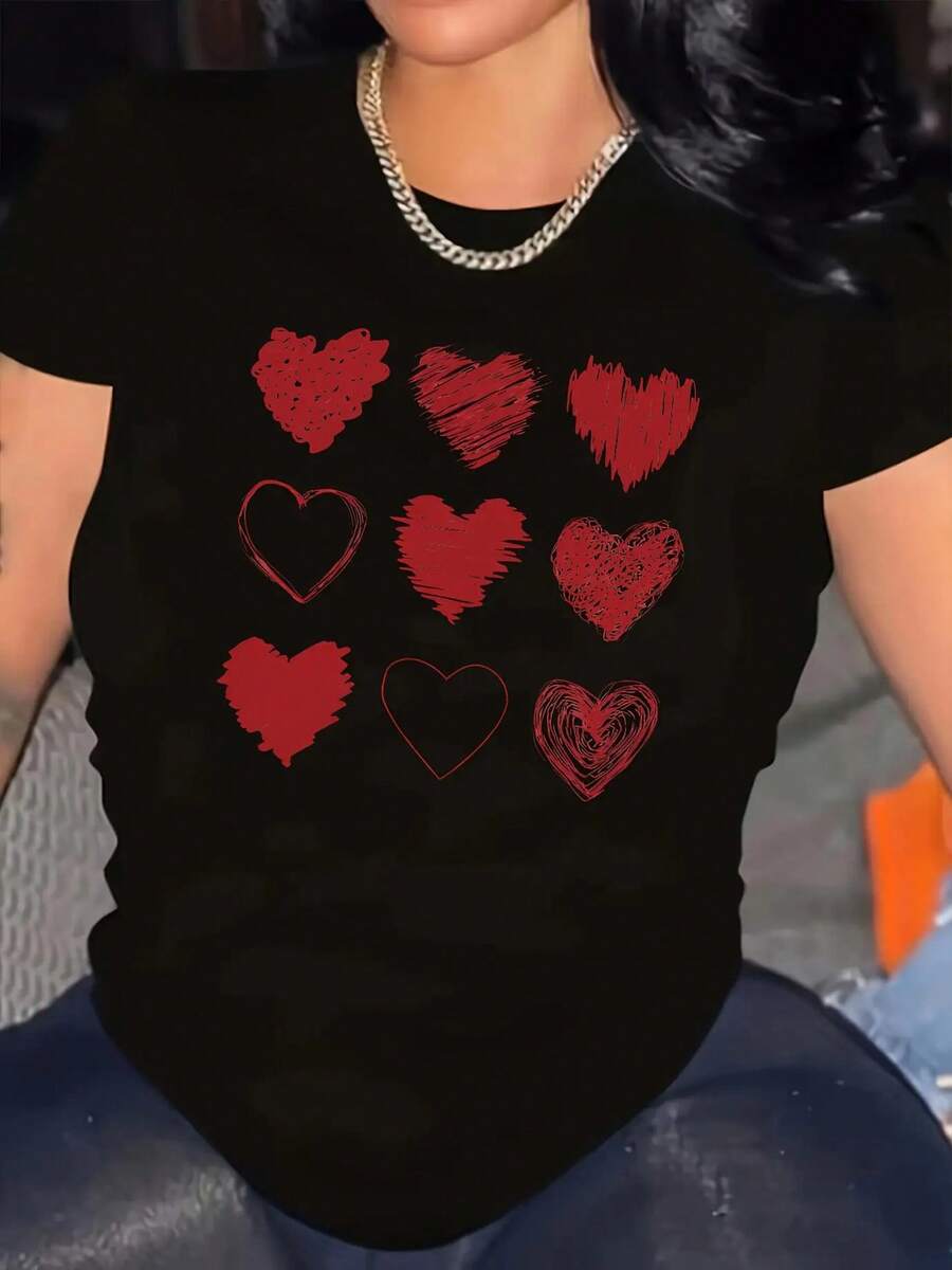 Camiseta de música country para mujeres de talla grande - Camiseta gráfica de whisky de Tennessee, fresa y vino con corazones rojos, camiseta casual de manga corta elástica con cuello redondo, lavable a máquina, comodidad para todas las estaciones, camisetas de canciones country, suéter cómodo, camiseta con patrón de corazón, material no transparente - Negro - Ver 1