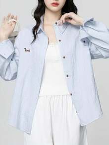 Women's Casual Woven Dolman Shirt, Collared, Button Front - Baby Blue - View 3