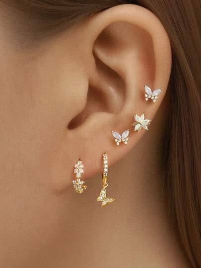 1PC 925 Sterling Silver Butterfly Flowers Zirconia Stud Earrings Flat Back Cartilage Helix Piercing Fine Jewelry Perfect For Women Daily Wear Wedding Party Engagement Anniversary Valentine's Day