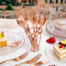 300/150/100/75/50/25/10/1 pièce Set de couverts, salade, gâteau, fruits, collations en or rose, réutilisables et lavables, convenant pour les rassemblements, festivals, anniversaires, fêtes, cuisine et salle à manger, mariages, team building, activités de plein air, fêtes à la maison, gâteaux, salades, etc.