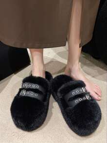 2025新款女冬热销厚底包头毛绒拖鞋，女秋新款仙女风小巧休闲增高厚底卡其色拖鞋，女居家皮扣毛绒拖鞋 - 黑色 - 查看 2