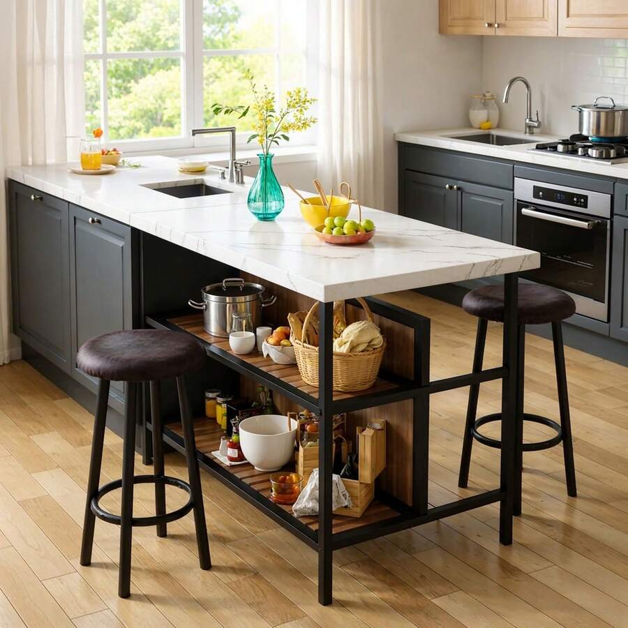 3 Pieces Kitchen Island Set With 2 Bar Stools, Modern & Contemporary Style Dining Room Table And Chairs Set With 2-Tier Storage Shelves, Counter Height Bar Table Set For 2, 3 PCS Kitchen Table Set With 2 Chairs For Kitchen, Dining Room, Restaurant - Đá cẩm thạch trắng - Xem 1