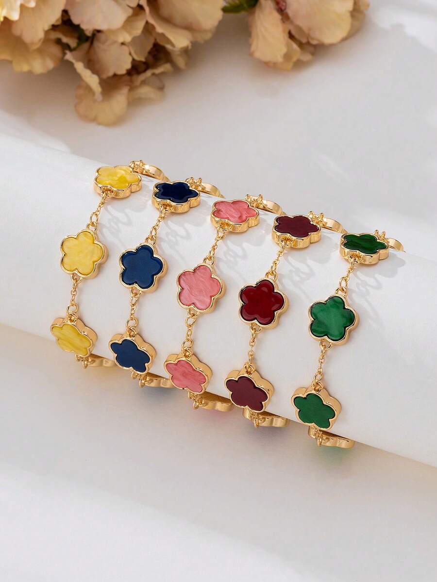 Set de 5 piezas Pulseras elegantes y clásicas con dijes de trébol de la suerte de colores vibrantes y alegres para mujeres, apilables y combinables - Multicolor - Ver 1