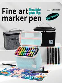 1pc 60 Colors Dual-Tip Permanent Marker Pens, Oil-Based Art Supplies For Students, Anime Design, Drawing, Painting, Suitable For Elementary School, Children, Preschool