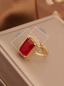1 件 18K 镀金复古风格矩形红色方晶锆石戒指，复古奢华轻巧时尚配饰，适合女性日常、派对和社交活动 - 金色 - 查看 6