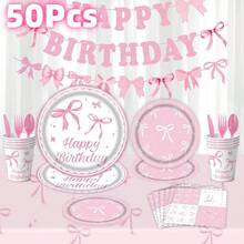 50Pcs Pink Bow Party Supplies Cute Supplies Bachelorette Party Tableware Set With Pink Bow Paper Plates Napkins Cups For Engagement Birthday Shower Wedding - Pink and White Bow Tableware Set - View 1