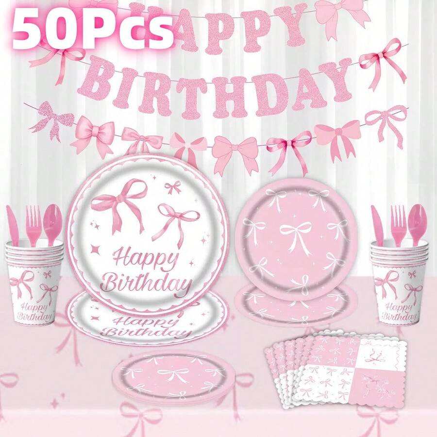 50Pcs Pink Bow Party Supplies Cute Supplies Bachelorette Party Tableware Set With Pink Bow Paper Plates Napkins Cups For Engagement Birthday Shower Wedding - Pink and White Bow Tableware Set - View 1