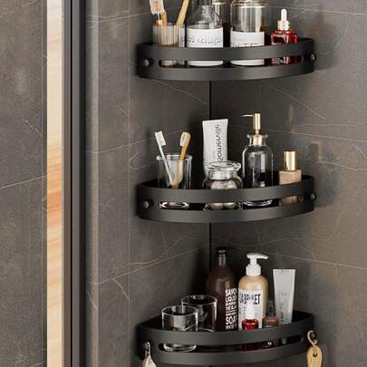 Estante de ducha de esquina, diseño sin perforaciones, organizador de ducha de 3 niveles, estante de ducha de pared, estante de almacenamiento para ducha, estante de almacenamiento para baño, ventosas, sin necesidad de taladrar, ganchos autoadhesivos, estante de baño extraíble, apto para baño, cocina y encimera.