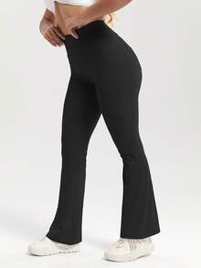 1 PACK Fashionable Casual Wide-Leg Yoga Pants,With Pocket, Butt-Lifting Peach Butt Fashion Leggings, Elegant Streetwear Retro Slimming, Classic Simple High-End Slimming High-Waist Versatile Flared Pants - 黑色 - 查看 4