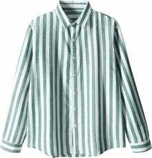 Men's Cotton And Linen Striped Long Sleeve Shirt With Color Block, Ideal For Spring And Fall, A Comfortable And Casual Option As A Gift - 豆綠色 - 查看 3
