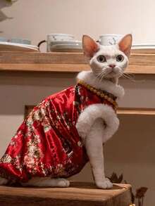 Chinese Style New Year Festive Cat Velvet Cheongsam, Warm And Anti-Licking, Suitable For Hairless Sphynx Cats
