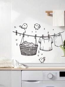 1 件可爱小鸟晾衣绳墙贴，可移除装饰，适用于浴室、洗衣房、卧室墙贴，房间装饰墙贴，墙壁装饰贴纸，家居装饰