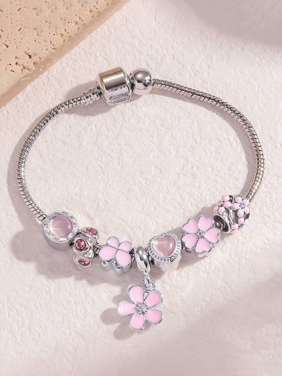 1 件简约镂空串珠吊坠手链，多元素手链，饰有刺猬、兔子、星月、蝴蝶、西瓜珠，环绕星星 DIY 创意手链，可调节龙虾扣 - 彩色 - 查看 1