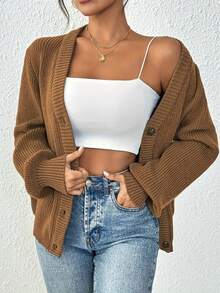 Women's Sweater - Simple Casual Front Button Design Soft Cardigan, Emerald Green Casual Fashion Sweater Ribbed Knitted, A Must-Have For All Seasons, Loose And Comfortable Fabric Long-Sleeved Top, V-Neck Design Front Button Breathable Material, Elegant Style For Daily Office Wear - 駝色 - 查看 5