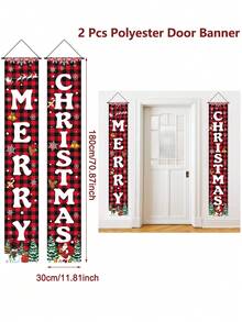 2pcs/Set Christmas Decoration Door Couplets, Red Black Plaid Santa Claus Snowman Pattern Door Banners, Merry Christmas Party Decoration Background Cloth, Christmas Indoor/Outdoor Porch Wall Decoration Hanging Flags, Christmas Entrance Door Front Door Decoration, Christmas Courtyard Garden Decoration