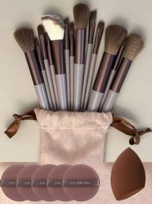 13pcs Professional Facial Makeup Brush Set Bevel&Taper Foundation Brush Contour Brush Blush Brush Powder Brush Eyeshadow Brush Concealer Brush Highlight Brush Smudge Brush + 2pcs Brown Makeup Sponges, Eye Shadow, Foundation, BB Cream, Concealer Makeup Brushes, Soft All-In-One Makeup Tools For Women,Easy To Carrying,Set For Travel,Gift For Women&Girls Random Color