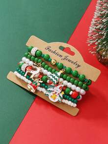 6 Pcs/Set Fashionable Christmas Bracelet, Encrusted With Pearls, Resin, Christmas Tree, Snowflake, And Snowman Pendants, Handmade Beaded Bracelet Set, Suitable For Women's Daily Wear, Holiday Parties, And Gifts.