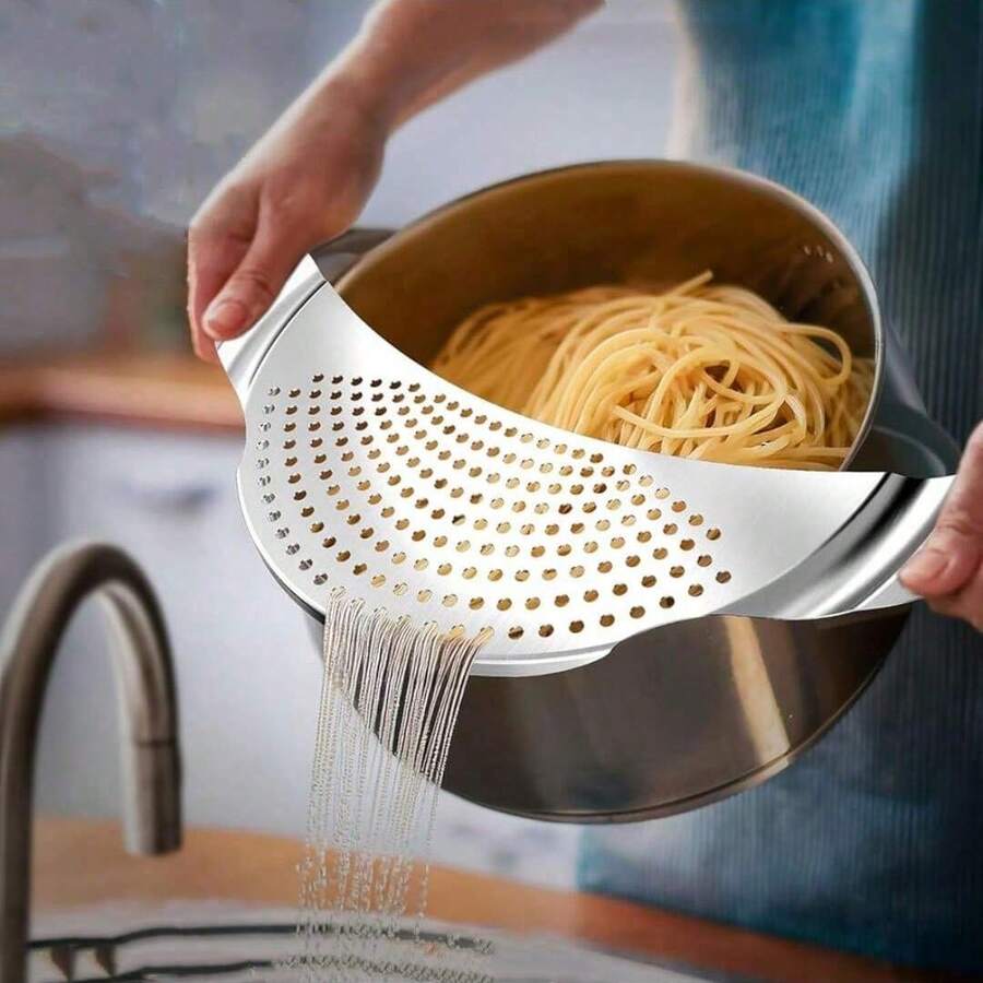 1/2 件不锈钢月牙滤网、餐具沥水架、意面锅滤锅、沥油架、厨房配件、家庭厨师必备的厨房工具礼物、天然卫生的厨房必备品，适合家庭和厨房房间装饰