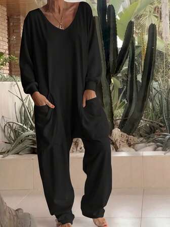 1pc Solid Color Knit Fabric Pocket Long Sleeve Jumpsuit, Suitable For Holiday, Wedding, Vacation, Casual Wear, Autumn/Winter