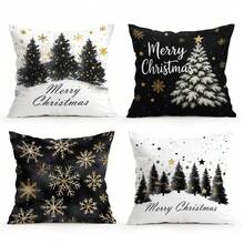1 Stück/4 Stücke Schwarz & Weiß Weihnachtsbaum & Schneeflocken Muster Kissenbezug, einseitig bedruckter Kissenbezug, geeignet für Wohnzimmer, Schlafzimmer, Heimdekoration, ganzjährig