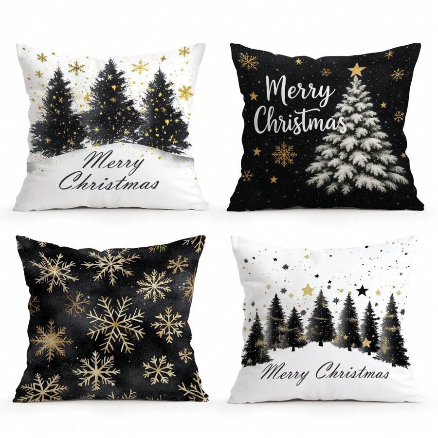 1 Stück/4 Stücke Schwarz & Weiß Weihnachtsbaum & Schneeflocken Muster Kissenbezug, einseitig bedruckter Kissenbezug, geeignet für Wohnzimmer, Schlafzimmer, Heimdekoration, ganzjährig