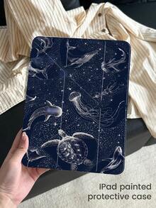 这款精美可爱的蓝鲸、海龟和水母图案双面彩色涂层亚克力透明水晶Y型折叠背板具有防震功能，兼容第七代和第八代（10.2英寸）iPad。它配备第十代保护壳、内置笔槽，并支持睡眠和唤醒功能。是节日和新年的完美礼物。 - 彩色 - 查看 3