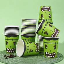10/20/40/60pcs,Halloween Green Cartoon Disposable 9oz Cups,Green Monster Paper Cups, Funny Cartoon Party Cups For Juice Coffee Hot Cold Drink Party Table Decoration, Trick Or Treat Supplies