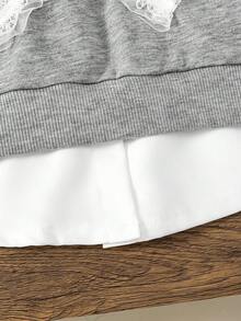 2pcs Back To School Girls' Spring/Autumn Lace Bow Collar Color Block Long Sleeve Top + Lace Bow Decor Pants Set, Fashionable Sporty Collegiate Style Outfit For Girls