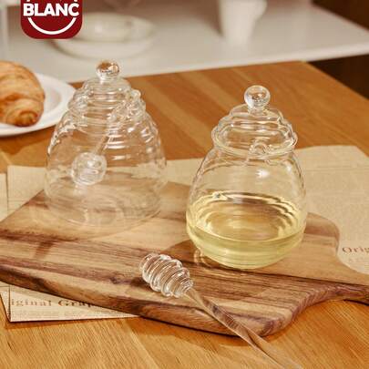 1pc Large Glass Honey Pot With Dipper And Lid, Syrup Dispenser, Leak-Proof Glass Honey Dispenser With Stand, Modern Glass Honey Dispenser, Maple Syrup Dispenser - Glass (500ml)