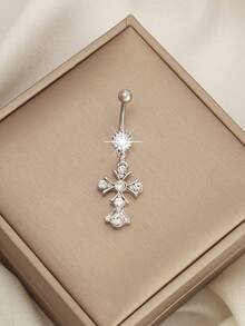 时尚个性肚脐环十字肚脐钉人体穿刺弯杆流行饰品 - 銀色 - 查看 2