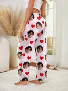 Pantalon de pyjama personnalisé pour femmes Printstory, design de portrait de couple personnalisé, vêtements de détente confortables et décontractés, pour la famille, jambe large, cadeau personnalisé, anniversaire - Rose bonbon - Voir 2