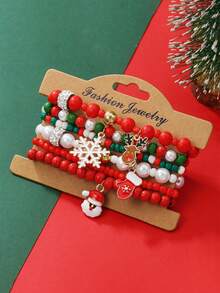 6 Pcs/Set Fashionable Christmas Bracelet, Encrusted With Pearls, Resin, Christmas Tree, Snowflake, And Snowman Pendants, Handmade Beaded Bracelet Set, Suitable For Women's Daily Wear, Holiday Parties, And Gifts.