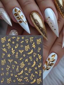 Pegatinas de uñas con estampado de hojas y flores de otoño, con impresión de lámina dorada metálica, pétalos florales, decoraciones de uñas de Acción de Gracias, suministros de manualidades para uñas autoadhesivas