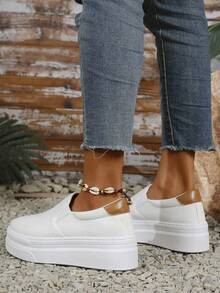 女士厚底休闲帆布运动鞋，时尚百搭休闲鞋，步行鞋 - 白色 - 查看 6